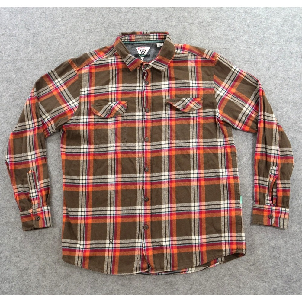 Vissla Shirt Mens Extra Large Red Brown Button Up Plaid Long Sleeve Flannel